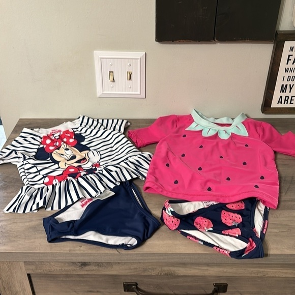 EUC! Disney 4T Minnie Mouse Rashguard Swim Set AND CARTER'S STRAWBERRY Rashguard - Picture 2 of 11